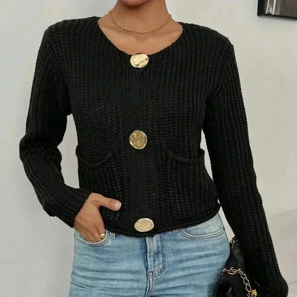 Black Casual Women's Crew Neck Front Button Up Long Sleeve Cardigan